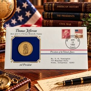 Thomas Jefferson 3rd President Postal Commemorative Society Gold Medal Cover